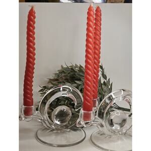 Art Deco Glass Dual Pair Clear Orbital Candlestick Holders